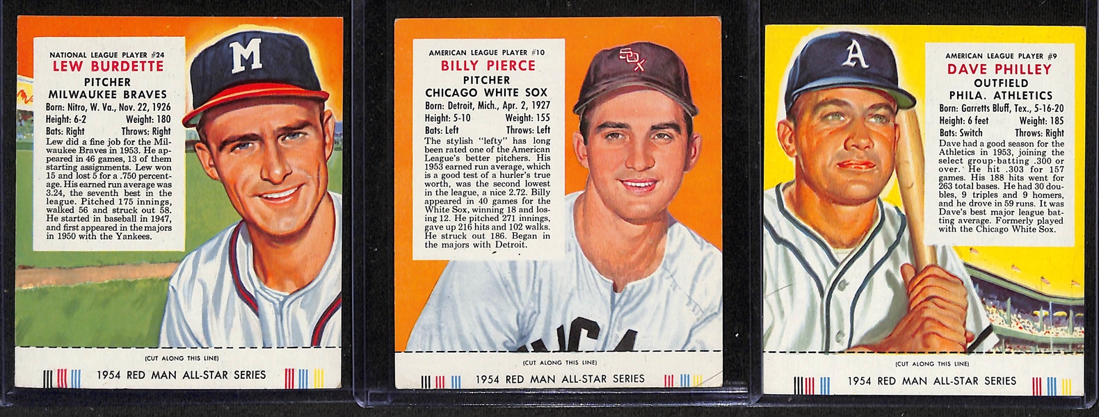 (13) 1954 Red Man Tobacco All-Star Series Cards w/tabs inc. Eddie Mathews, Ted Kluszewski, Bob Lemon