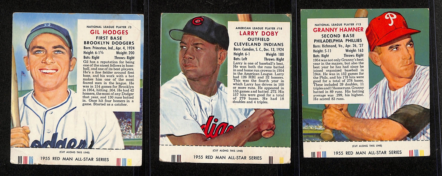 Lot of (3) 1955 Red Man Tobacco All-Star Series Cards w/tabs inc. Gil Hodges, Larry Doby, & Granny Hamner 