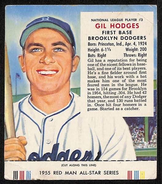 Lot of (3) 1955 Red Man Tobacco All-Star Series Cards w/tabs inc. Gil Hodges, Larry Doby, & Granny Hamner 