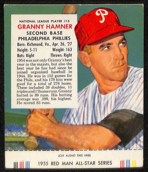 Lot of (3) 1955 Red Man Tobacco All-Star Series Cards w/tabs inc. Gil Hodges, Larry Doby, & Granny Hamner 