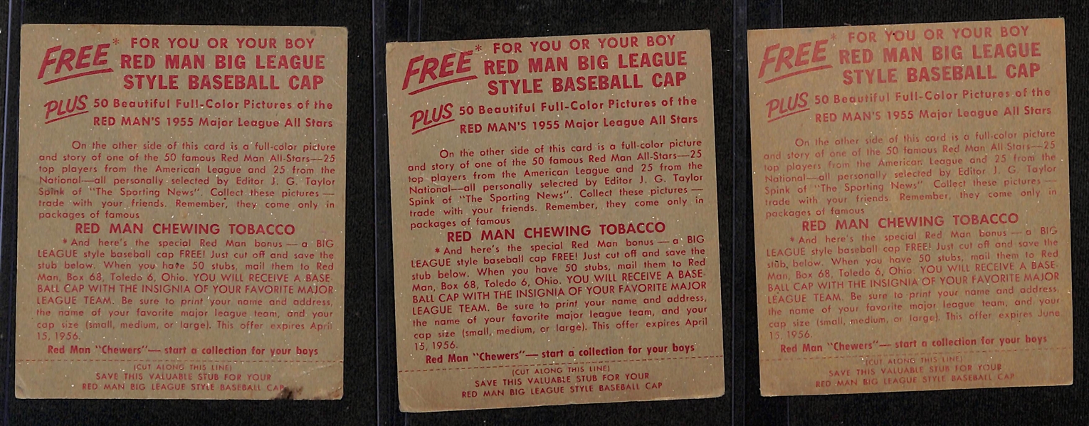 Lot of (3) 1955 Red Man Tobacco All-Star Series Cards w/tabs inc. Gil Hodges, Larry Doby, & Granny Hamner 