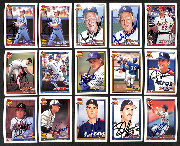 Lot of (160+) 1991 Topps Signed Baseball Cards inc. (2) Larry Walker, (2) Sparky Anderson, Joe Torre, Curt Schilling (JSA Auction Letter)