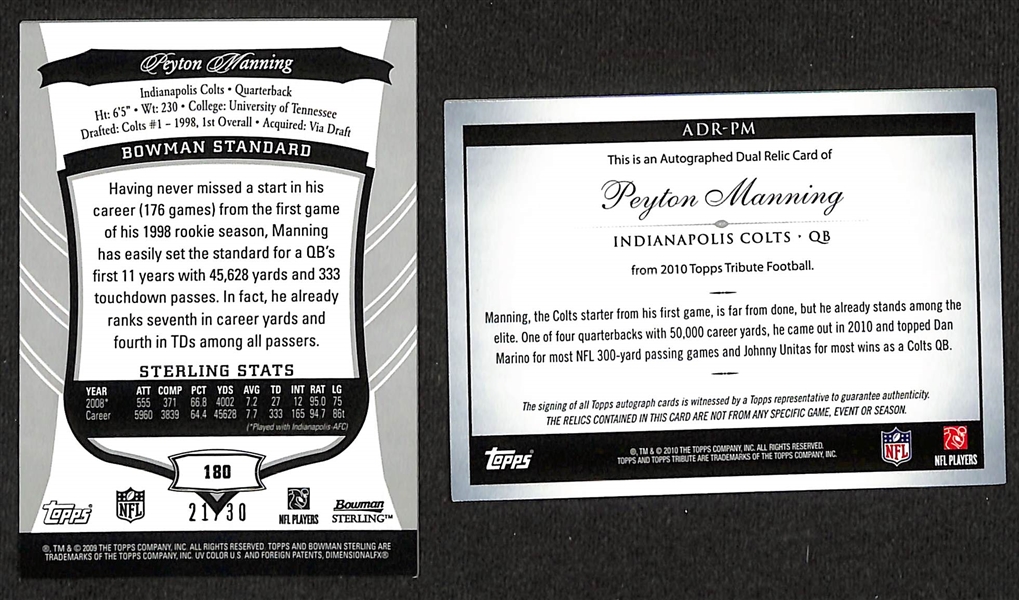 (2) Peyton Manning Limited Edition Patch Autograph Cards from 2009 Bowman Sterling & 2010 Topps Tribute