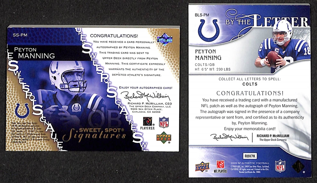 (2) Peyton Manning Autograph Cards - 2003 UD Sweet Spot Signatures (#/25) & 2009 SP Authentic By the Letter Card (#/10)