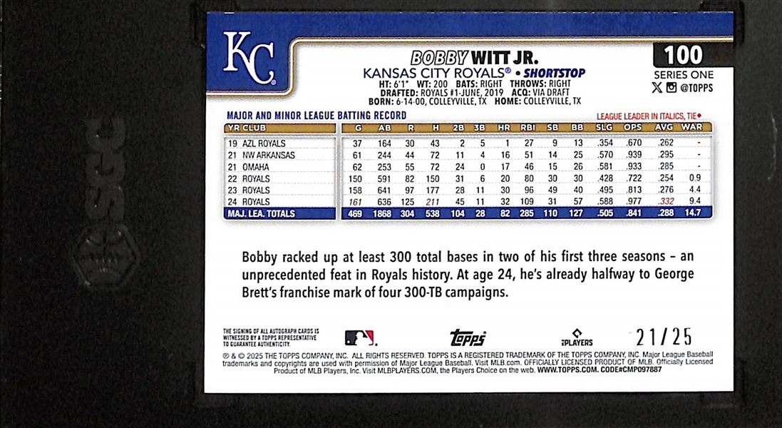 2025 Topps Series 1 Flagship Bobby Witt Jr. Real-One Autograph - Orange Foil Variation #/25 SGC 10 (10 Autograph Grade)