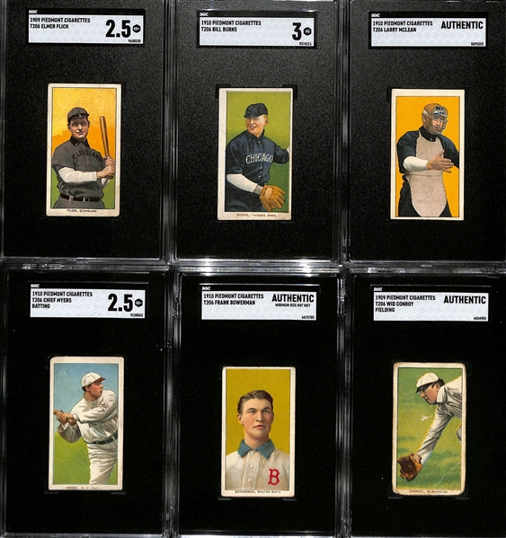 (6) 1909-10 T206 Piedmont Cigarettes Tobacco Cards Inc. Elmer Flick (HOF) SGC 2, Bill Burns (Black Sox Scandal Facilitator) SGC 3, & Larry McLean (SGC Authentic - Miscut - Missing Name on Bottom)