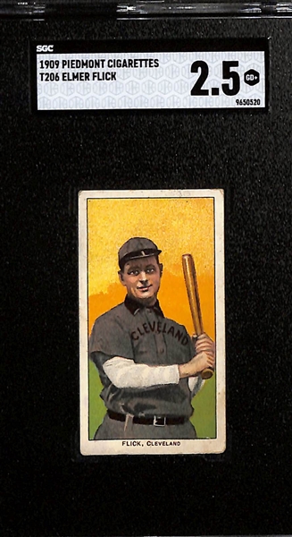 (6) 1909-10 T206 Piedmont Cigarettes Tobacco Cards Inc. Elmer Flick (HOF) SGC 2, Bill Burns (Black Sox Scandal Facilitator) SGC 3, & Larry McLean (SGC Authentic - Miscut - Missing Name on Bottom)