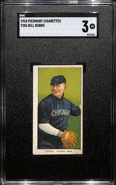 (6) 1909-10 T206 Piedmont Cigarettes Tobacco Cards Inc. Elmer Flick (HOF) SGC 2, Bill Burns (Black Sox Scandal Facilitator) SGC 3, & Larry McLean (SGC Authentic - Miscut - Missing Name on Bottom)