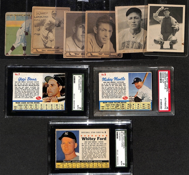 Lot of (6) 1933-1940 Baseball Cards w. 1941 Play Ball Rick Ferrell & (3) 1960s Post Cereal w. 1962 Post Mickey Mantle PSA Authentic