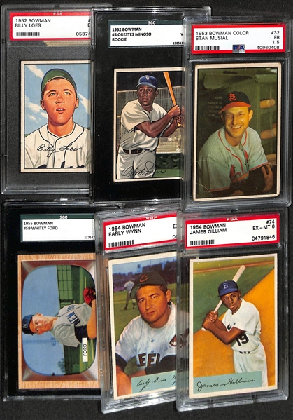 Lot of (6) 1952-1955 Graded Bowman Baseball Cards w. 1953 Bowman Color Stan Musial PSA 1.5
