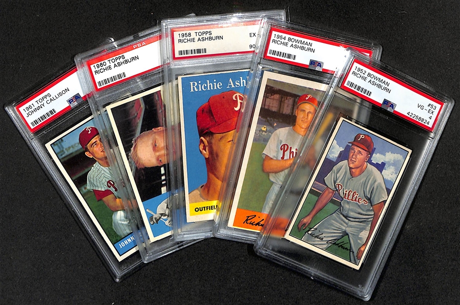 Lot of (5) 1952-1961 PSA Graded Phillies Players w. 1952 Bowman Richie Ashburn PSA 4