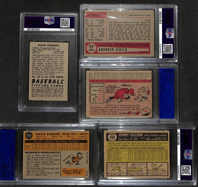 Lot of (5) 1952-1961 PSA Graded Phillies Players w. 1952 Bowman Richie Ashburn PSA 4