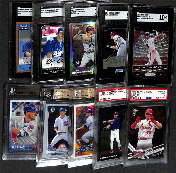 10 Graded Rookie Baseball Cards w. 2004 Bowman Chrome Yadier Molina SGC 9.5 & 2018 Prizm Ronald Acuna Jr Ruby Wave #/199 SGC 10