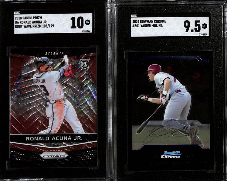 10 Graded Rookie Baseball Cards w. 2004 Bowman Chrome Yadier Molina SGC 9.5 & 2018 Prizm Ronald Acuna Jr Ruby Wave #/199 SGC 10