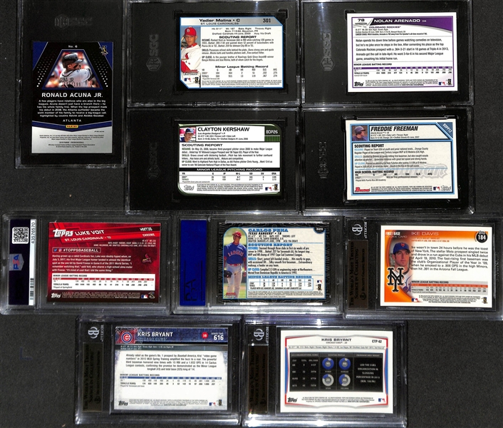 10 Graded Rookie Baseball Cards w. 2004 Bowman Chrome Yadier Molina SGC 9.5 & 2018 Prizm Ronald Acuna Jr Ruby Wave #/199 SGC 10