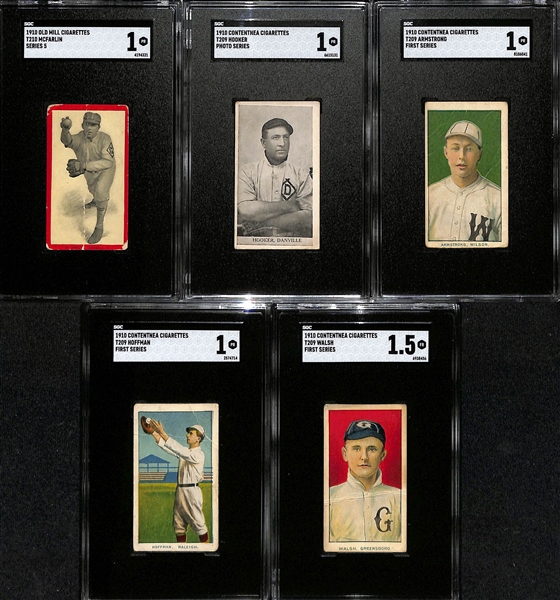 (5) Rare 1910 Minor League Baseball Tobacco Cards - T210 Old Mill McFarlin & (4) Contentnea Cigarettes Cards (Hooker, Armstrong, Walsh & Hoffman) - Each Graded SGC 1 or 1.5