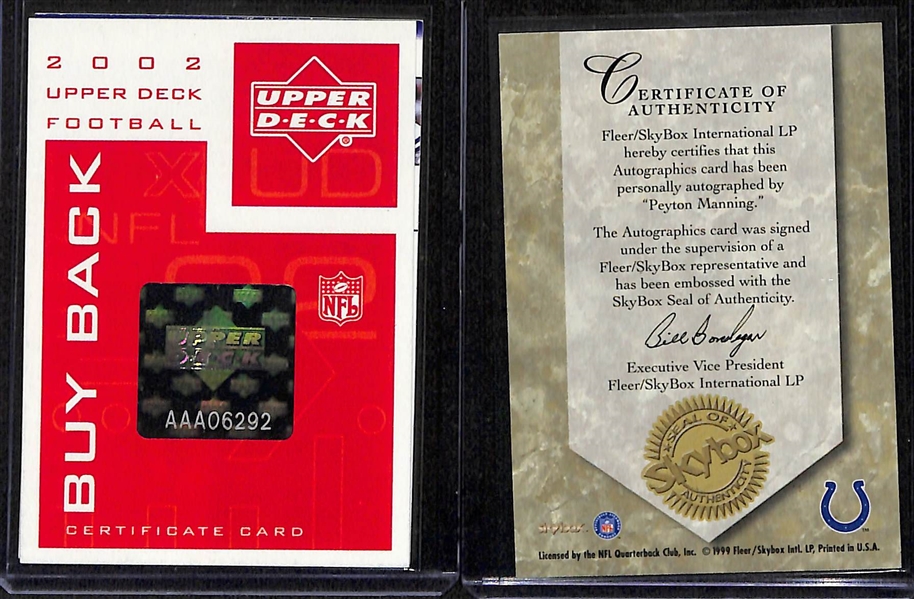 1999 Fleer Skybox Autographics Peyton Manning Autograph Card & 2002 UD Buy Back Autograph Peyton Manning Card (#/44)