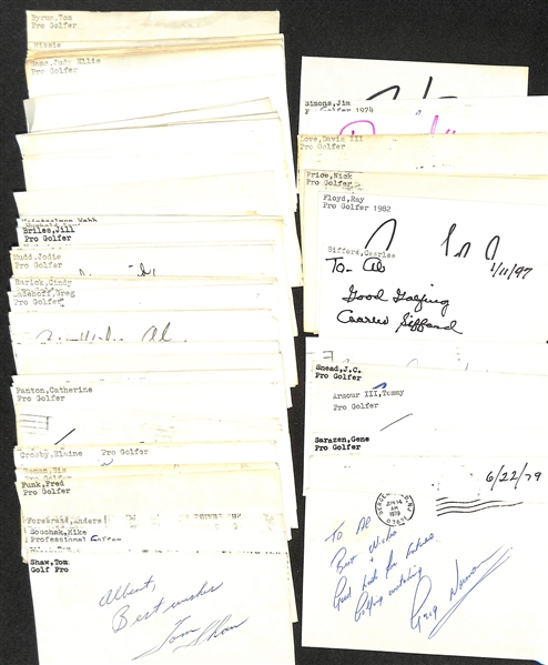 Lot of (100+) Mostly Golf-Related Signed Index Cards w. Greg Norman, Lew Worsham, Gene Sarazen, Tommy Armour, JC Snead, Fred Couples (JSA Auction Letter)