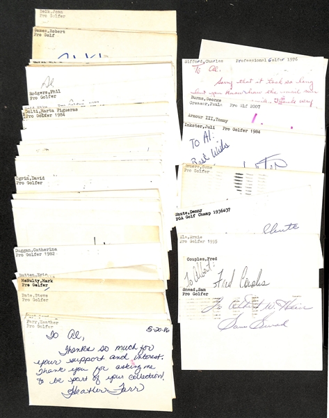 100+ Mostly Golf-Related Signed Index Cards w. Sam Snead, Fred Couples, Ernie Els, Denny Shute, Gene Sauers, Juli Inkster, Mason Rudolph (JSA Auction Letter)