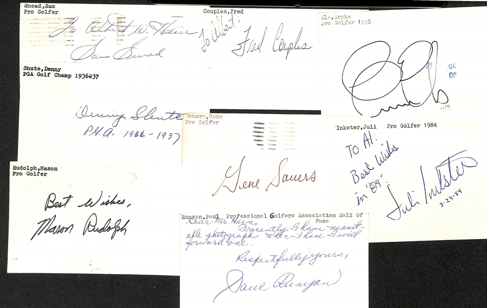 100+ Mostly Golf-Related Signed Index Cards w. Sam Snead, Fred Couples, Ernie Els, Denny Shute, Gene Sauers, Juli Inkster, Mason Rudolph (JSA Auction Letter)
