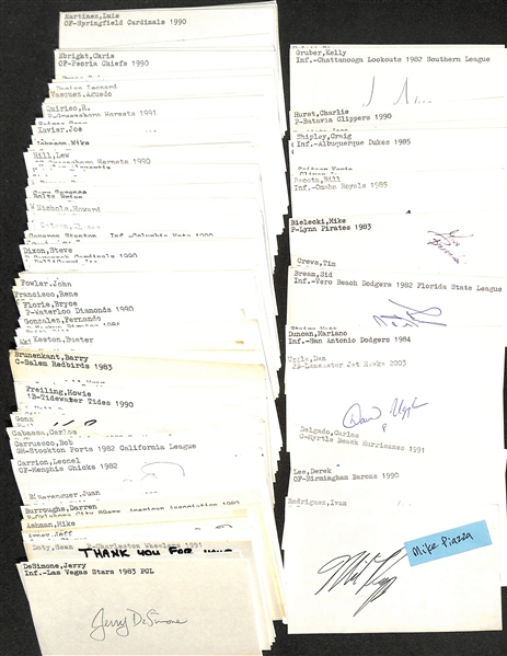 500+ Mostly Minor-League Baseball-Related Signed Index Cards w. Mike Piazza, Ivan Rodriguez, Derek Lee, Carlos Delgado, Dan Uggla, Mariano Duncan, Matt Stairs, + (JSA Auction Letter)