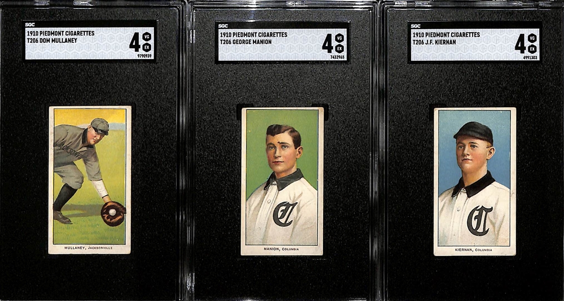 (3) 1910 T206 Piedmont Cigarettes Southern League Cards - Each Graded SGC 4 - Don Mullaney (Jacksonville), George Manion (Columbia), J.F. Kiernan (Columbia)