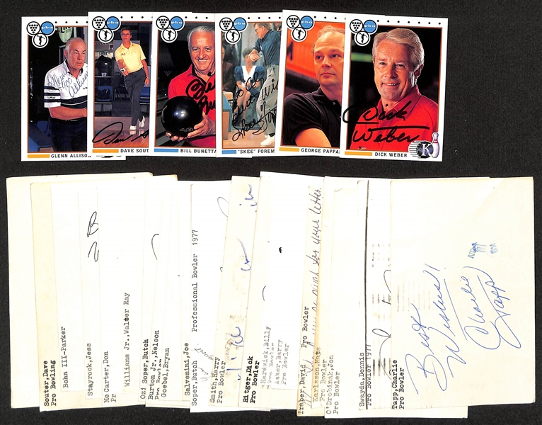 25+ Mostly Bowling-Related Signed Cards and Index Cards w. Dick Weber, George Pappas, Skee Foremsky, Bill Bunetta, Dave Soutar, Glenn Allison, + (JSA Auction Letter)