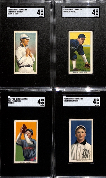 (4) 1910 T206 Piedmont Cigarettes Tobacco Cards - Each Graded SGC 4 - Kaiser Wilhelm (Hands at Chest), Billy Purtell, Tom Downey (Fielding), Billy Nattress