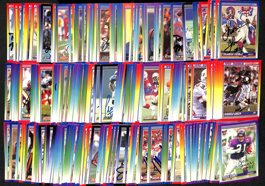 Lot of (195+) Signed 1990 Score Football Cards inc. HOFers Thurman Thomas, Jim Kelly, & Tim Brown (JSA Auction Letter)