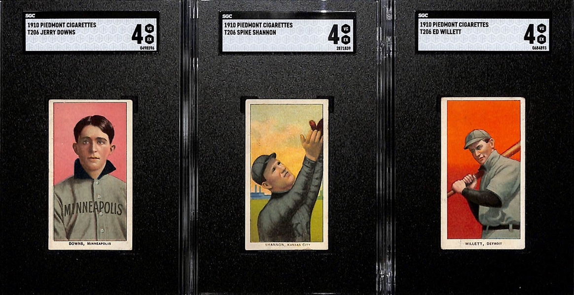 (3) 1910 T206 Piedmont Cigarettes Tobacco Cards - Each Graded SGC 4 - Ed Willett, Jerry Downs, Spike Shannon