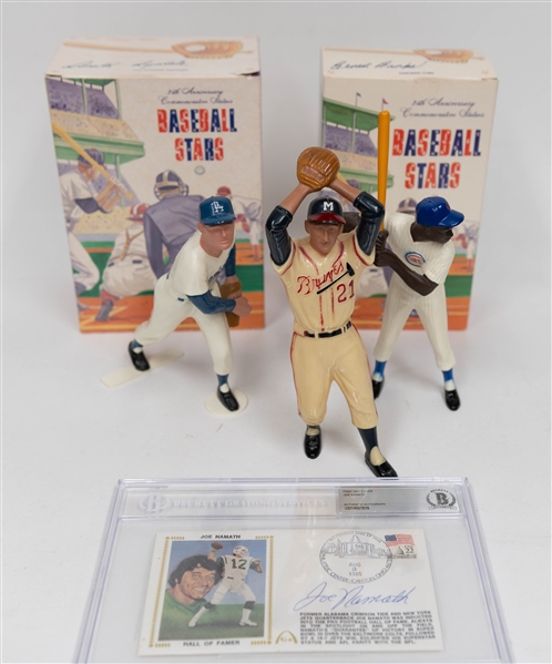 (3) 1988 Hartland Figurines w. Spahn, Banks, Drysdale & Signed Joe Namath First Day Cover (Beckett COA)