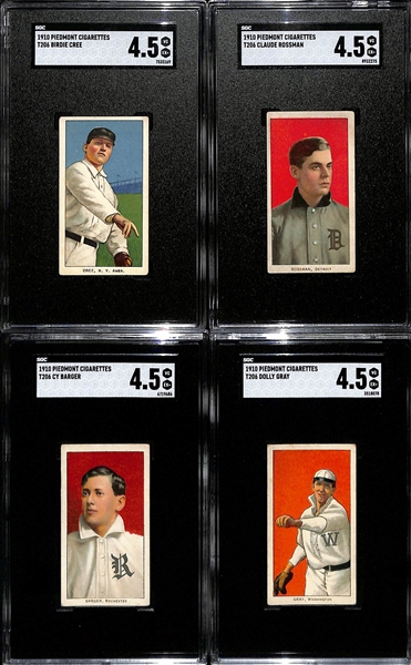 (4) 1910 T206 Piedmont Cigarettes Tobacco Cards - Each Graded SGC 4.5 - Birdie Cree, Claude Rossman, Cy Barger, & Dolly Gray