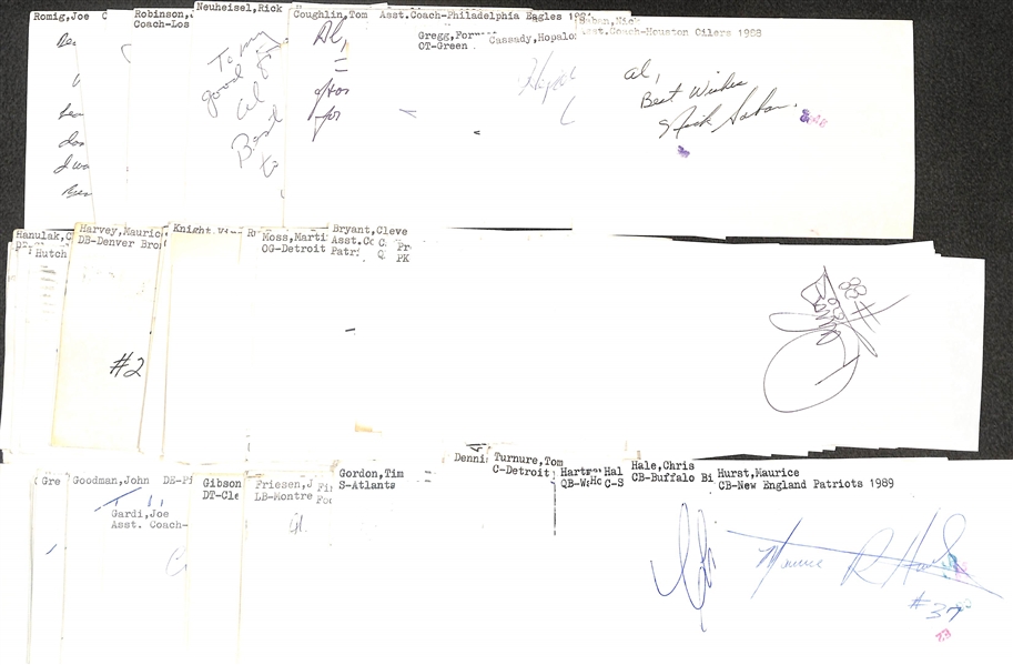 125+ Mostly Football-Related Signed Index Cards w. Nick Saban, Hopalong Cassady, Forrest Gregg, Roman Gabriel, Pat Haden, Wil Montgomery, Tom Coughlin, + (JSA Auction Letter) 
