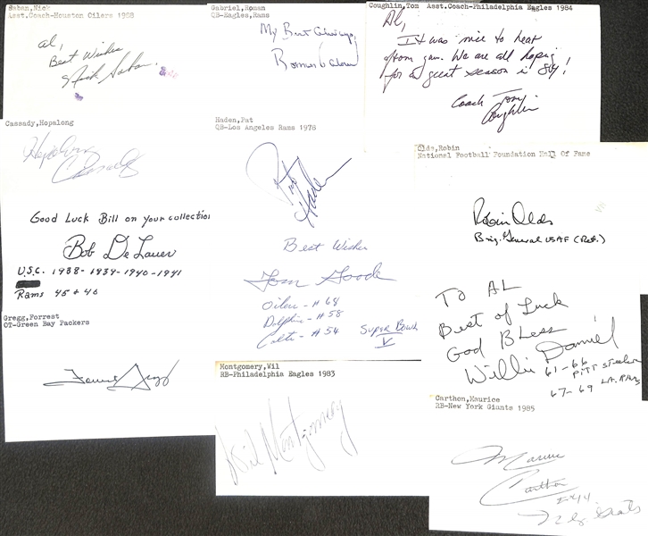 125+ Mostly Football-Related Signed Index Cards w. Nick Saban, Hopalong Cassady, Forrest Gregg, Roman Gabriel, Pat Haden, Wil Montgomery, Tom Coughlin, + (JSA Auction Letter) 