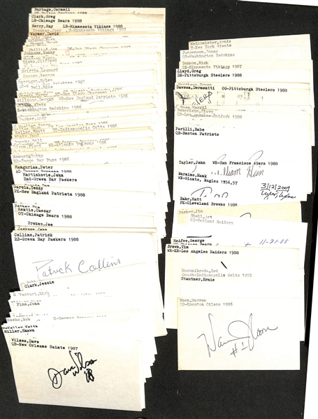 Lot of (200+) Mostly Football-Related Signed Index Cards w. Warren Moon, Ernie Stautner, Ted Marchibroda, Tim Brown, George McAffee, Tom Moore, Art Shell, + (JSA Auction Letter)