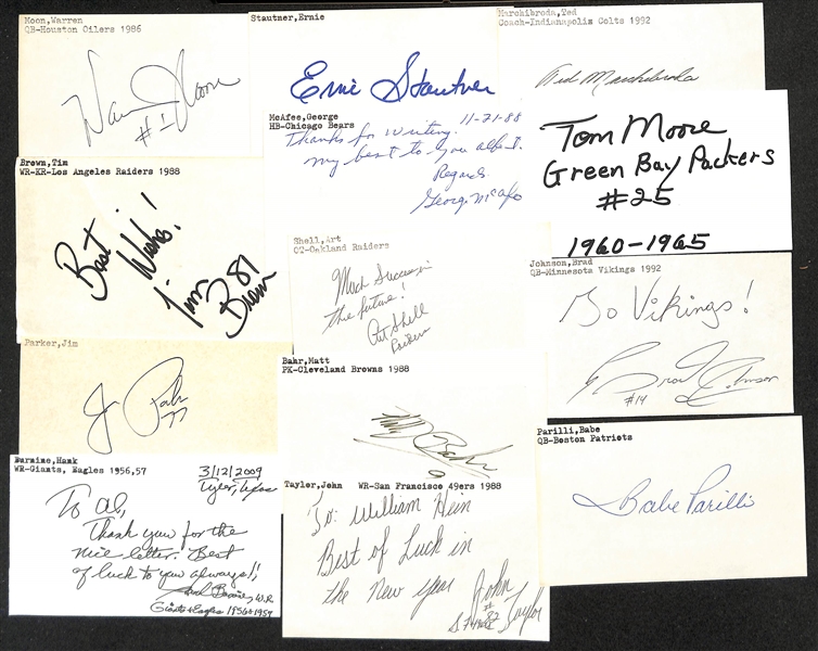 Lot of (200+) Mostly Football-Related Signed Index Cards w. Warren Moon, Ernie Stautner, Ted Marchibroda, Tim Brown, George McAffee, Tom Moore, Art Shell, + (JSA Auction Letter)