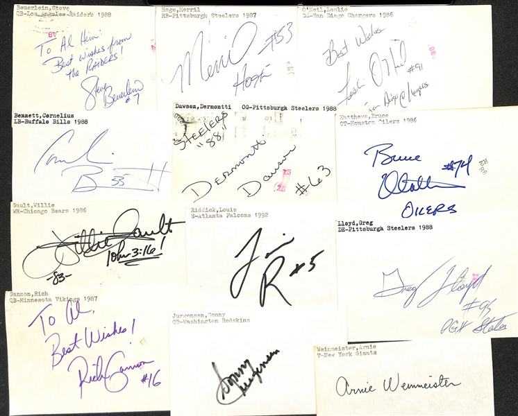 Lot of (200+) Mostly Football-Related Signed Index Cards w. Warren Moon, Ernie Stautner, Ted Marchibroda, Tim Brown, George McAffee, Tom Moore, Art Shell, + (JSA Auction Letter)