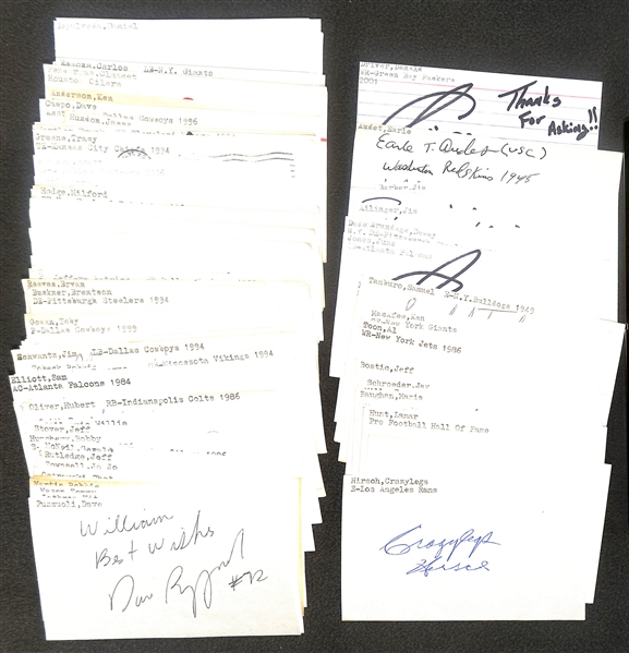 150+ Mostly Football-Related Signed Index Cards w. Crazylegs Hirsch, Frank Gifford, Lamar Hunt, Drew Pearson, Bill Fischer, Maxie Baughan, Sam Mills, + (JSA Auction Letter) 