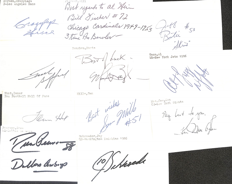 150+ Mostly Football-Related Signed Index Cards w. Crazylegs Hirsch, Frank Gifford, Lamar Hunt, Drew Pearson, Bill Fischer, Maxie Baughan, Sam Mills, + (JSA Auction Letter) 
