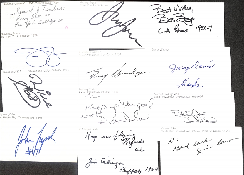 150+ Mostly Football-Related Signed Index Cards w. Crazylegs Hirsch, Frank Gifford, Lamar Hunt, Drew Pearson, Bill Fischer, Maxie Baughan, Sam Mills, + (JSA Auction Letter) 
