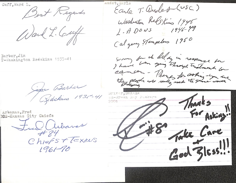 150+ Mostly Football-Related Signed Index Cards w. Crazylegs Hirsch, Frank Gifford, Lamar Hunt, Drew Pearson, Bill Fischer, Maxie Baughan, Sam Mills, + (JSA Auction Letter) 