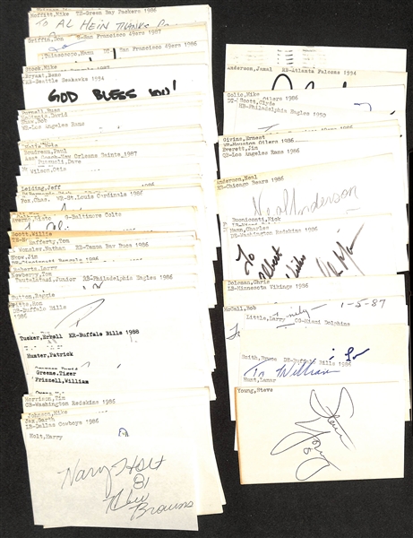 Lot of (125+) Mostly Football-Related Signed Index Cards w. Steve Young, Lamar Hunt, Bruce Smith, Dick Night Train Lane, Larry Little, Bob McCall, Maxie Baughan, Chris Doleman, + (JSA Auction Letter)