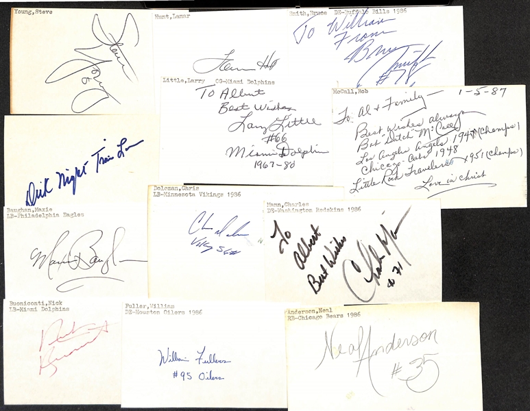 Lot of (125+) Mostly Football-Related Signed Index Cards w. Steve Young, Lamar Hunt, Bruce Smith, Dick Night Train Lane, Larry Little, Bob McCall, Maxie Baughan, Chris Doleman, + (JSA Auction Letter)