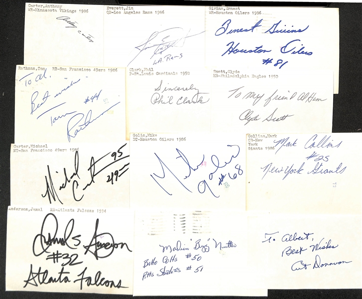 Lot of (125+) Mostly Football-Related Signed Index Cards w. Steve Young, Lamar Hunt, Bruce Smith, Dick Night Train Lane, Larry Little, Bob McCall, Maxie Baughan, Chris Doleman, + (JSA Auction Letter)