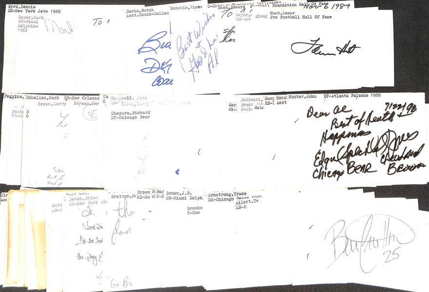 125+ Mostly Football-Related Signed Index Cards w. Lamar Hunt, John Elway, Fred Dryer, Edward Bock, Vince Banonis, Tyrone Braxton, + (JSA Auction Letter)
