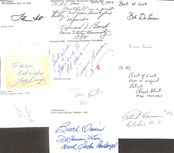125+ Mostly Football-Related Signed Index Cards w. Lamar Hunt, John Elway, Fred Dryer, Edward Bock, Vince Banonis, Tyrone Braxton, + (JSA Auction Letter)