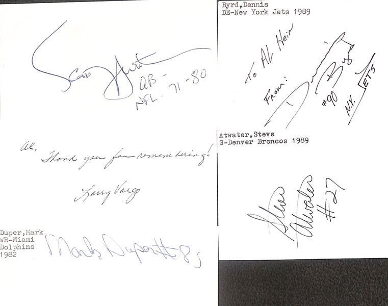 125+ Mostly Football-Related Signed Index Cards w. Lamar Hunt, John Elway, Fred Dryer, Edward Bock, Vince Banonis, Tyrone Braxton, + (JSA Auction Letter)