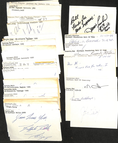 125+ Mostly Football-Related Signed Index Cards w. John Elway, Tay Brown, Bill Carpenter, Lynn Dickey, Ernie Lewis, Bob Williams, + (JSA Auction Letter)
