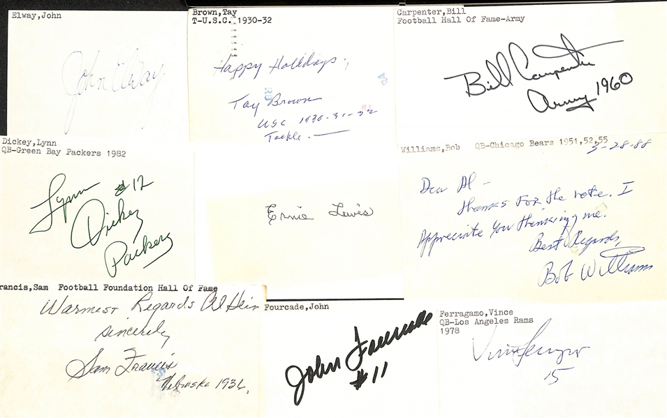 125+ Mostly Football-Related Signed Index Cards w. John Elway, Tay Brown, Bill Carpenter, Lynn Dickey, Ernie Lewis, Bob Williams, + (JSA Auction Letter)