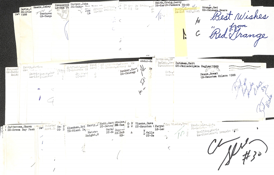 125+ Mostly Football-Related Signed Index Cards w. Red Grange, Harlon Hill, Marshall Faulk, Charley Trippi, Larry Craig, Neil Smith, Howard Hartley, George Hughes, + (JSA Auction Letter)